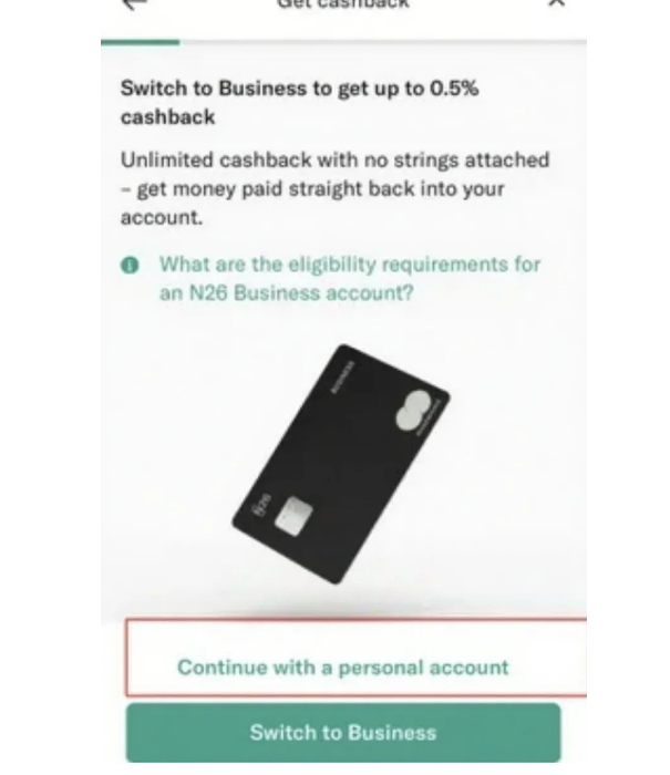Get cashback 推销页,点击 Continue with a personal account