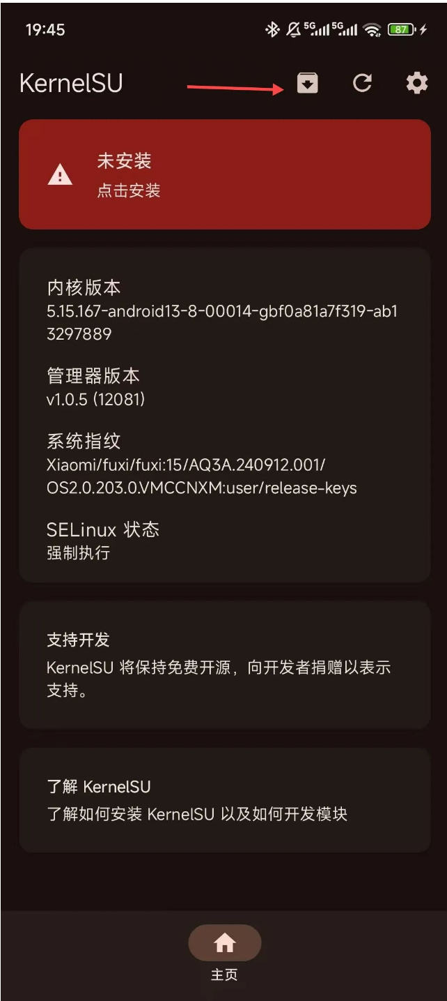 KernelSU 主页，点击安装按钮