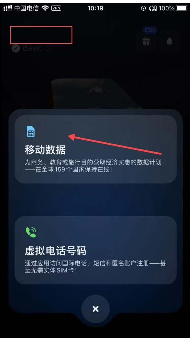 选择移动数据或虚拟电话号码