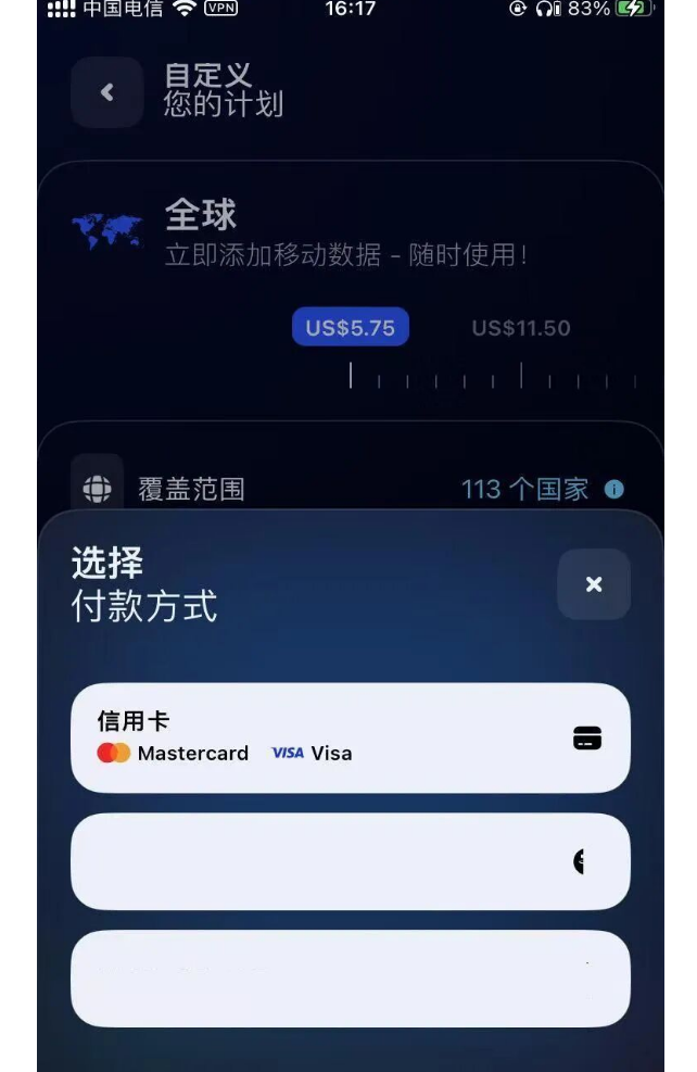选择付款方式，信用卡 Mastercard/Visa