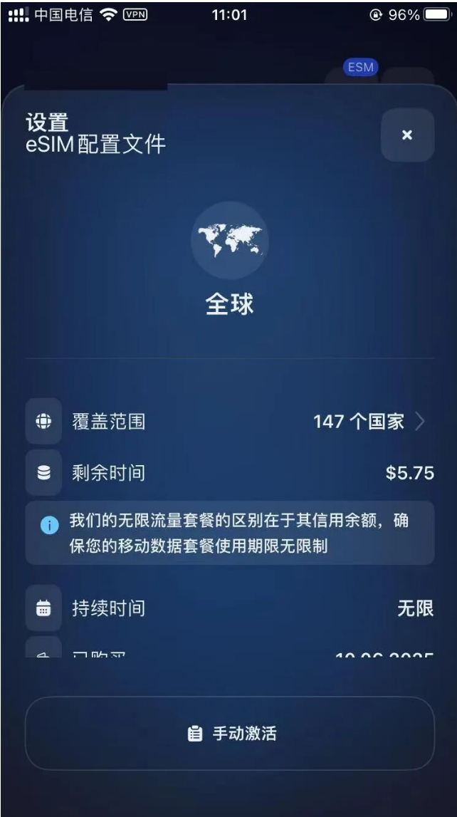 设置 eSIM 配置文件，手动激活