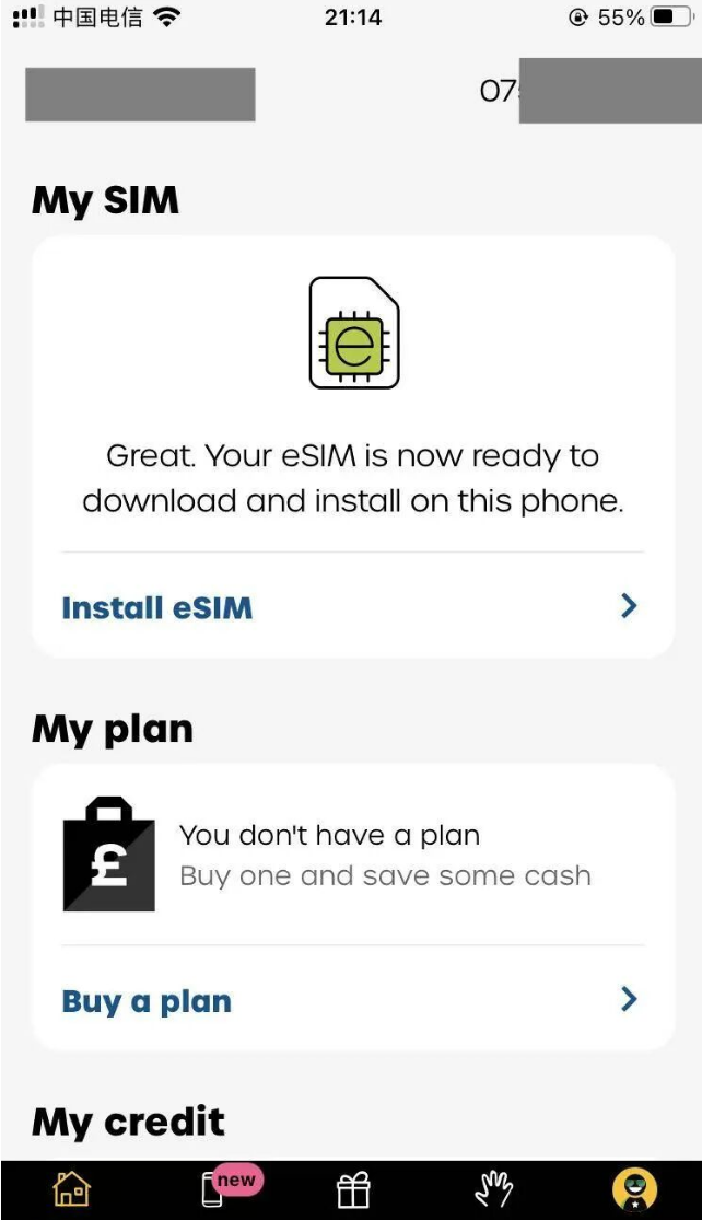 My SIM 页面,Install eSIM 下载配置