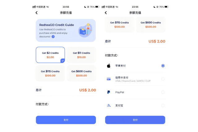 余额充值：选择金额与付款方式