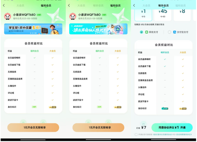 图2.7 X会员与大会员权益的对比:(X分别为左:波点音乐福利会员,中:QQ音乐概念版福利会员右:QQ音乐概念版)