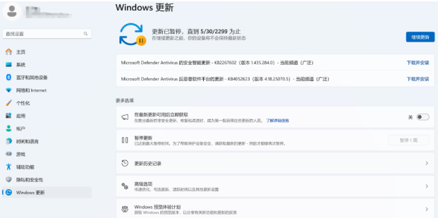 暂停更新：更新已暂停，直到 5/30/2299