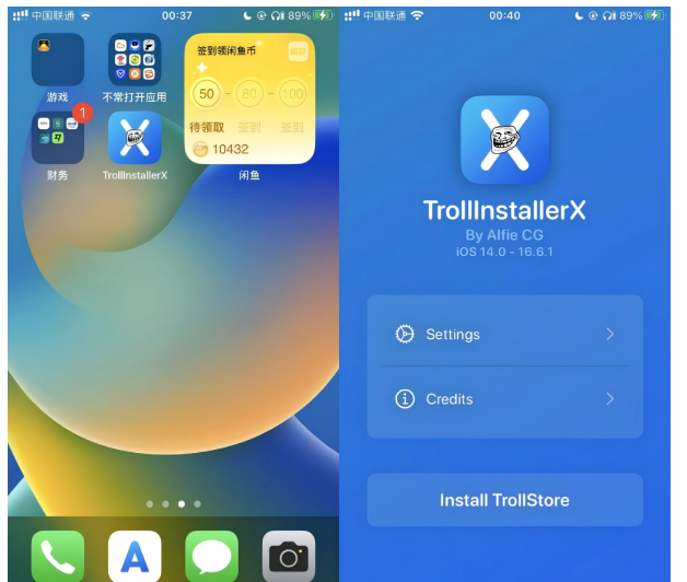桌面已安装的 APP 与成功打开 TrollInstallerX