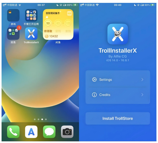 桌面已安装的 TrollInstallerX 与打开后的页面