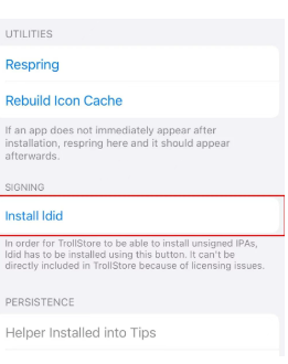 TrollStore 设置内的 Install Idid