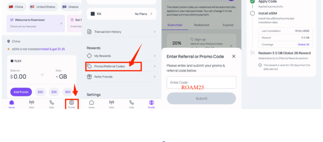 Promo/Referral Codes 输入兑换码 ROAM25
