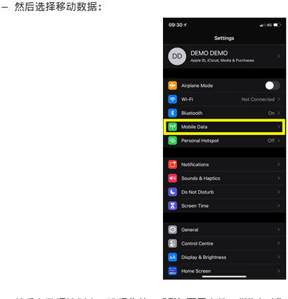 Settings Mobile Data